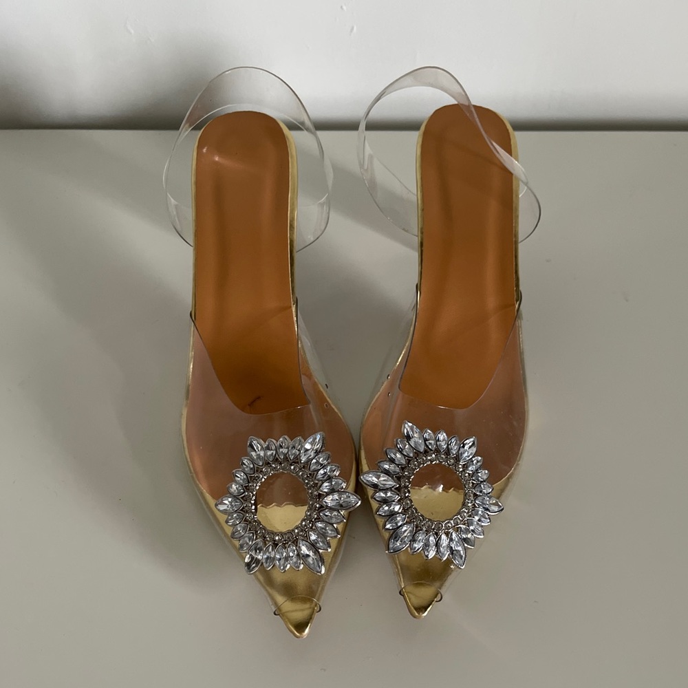 Clear and gold heels with jewelled toe decals 2.5 inch heel.